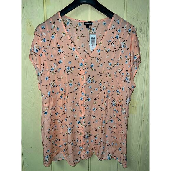 Peach Top Torrid 1X Pintuck Pleat Blouse Button Front Floral V-Neck Dolman NEW - Picture 3 of 11